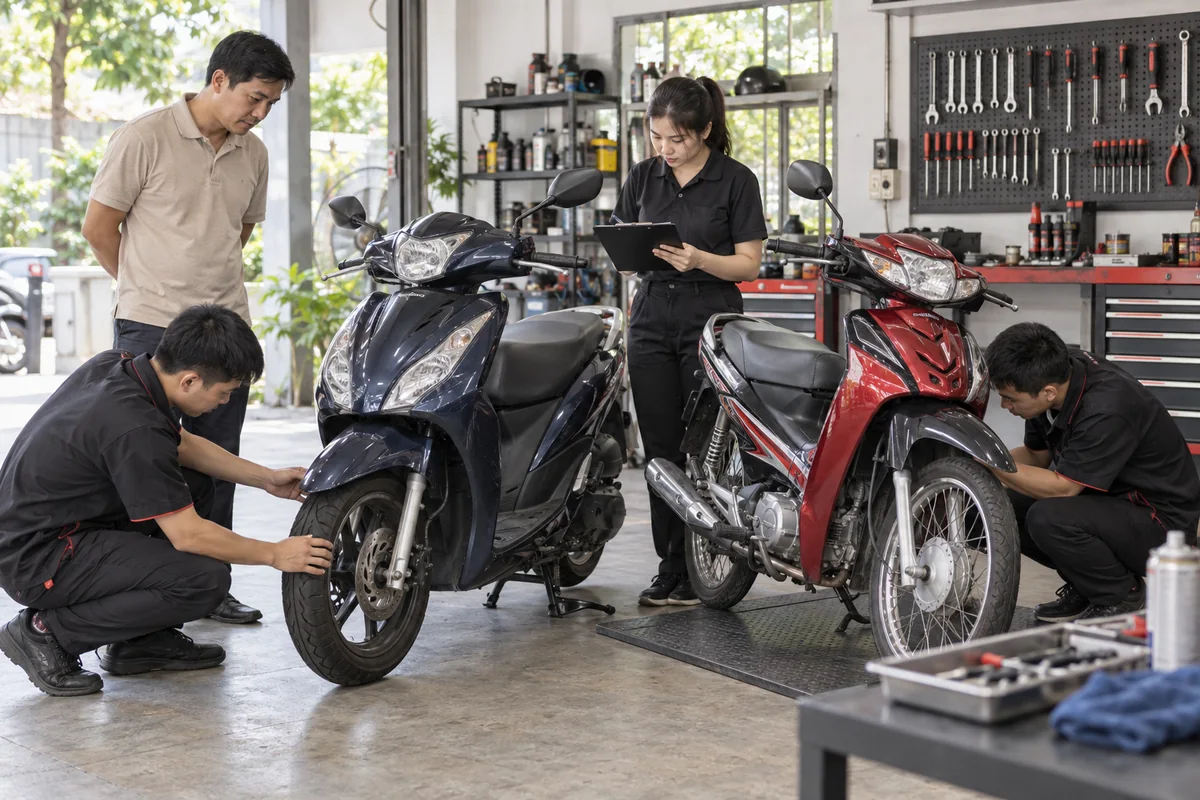 Thợ máy kiểm tra hai dòng xe máy cũ phổ biến trước khi định giá