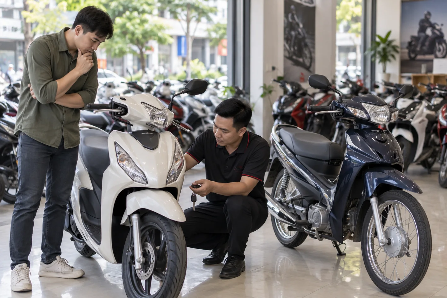 Chủ xe và chuyên viên so sánh xe tay ga với xe số đã qua sử dụng