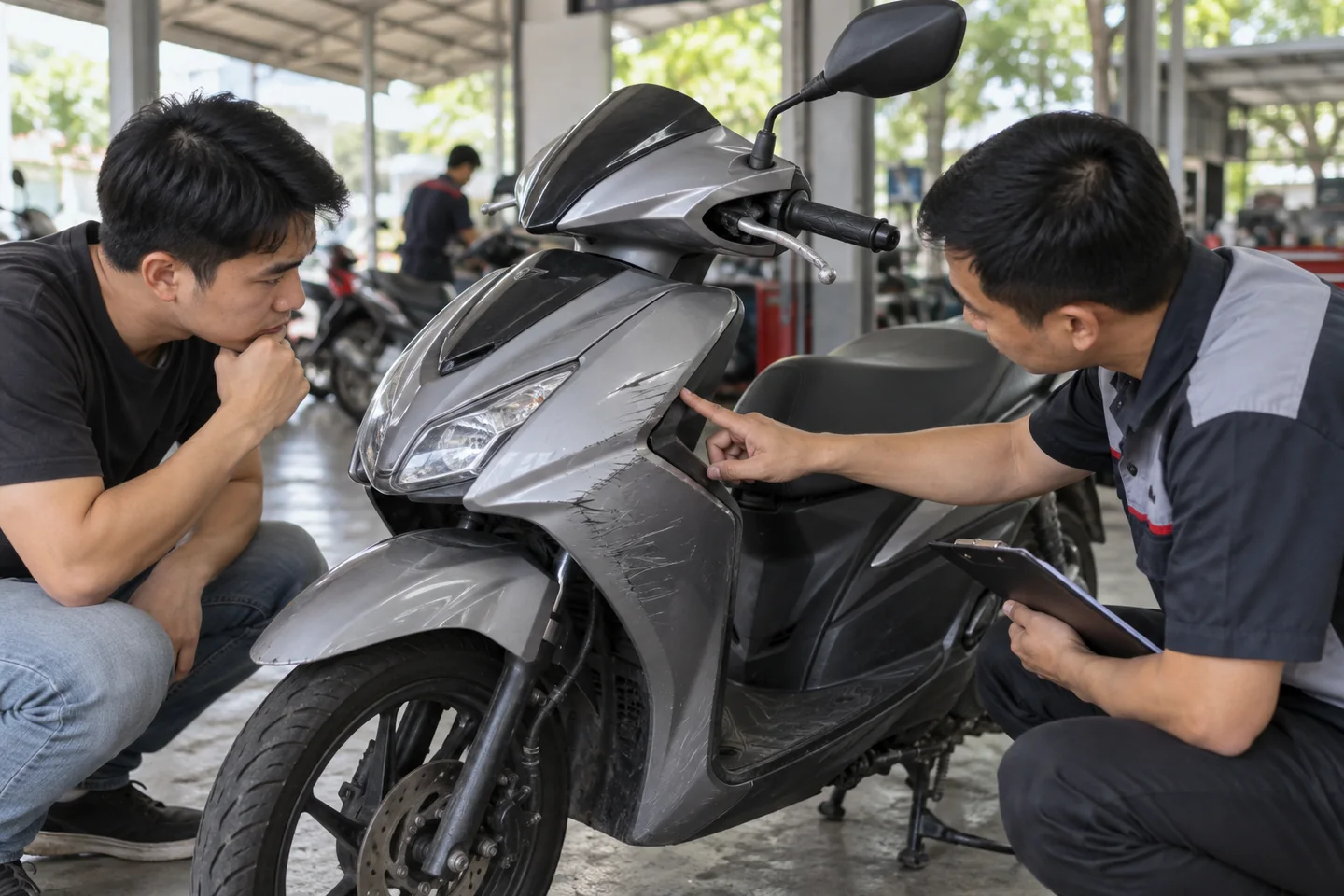 Chủ xe và chuyên viên đánh giá các dấu vết va chạm trên xe tay ga