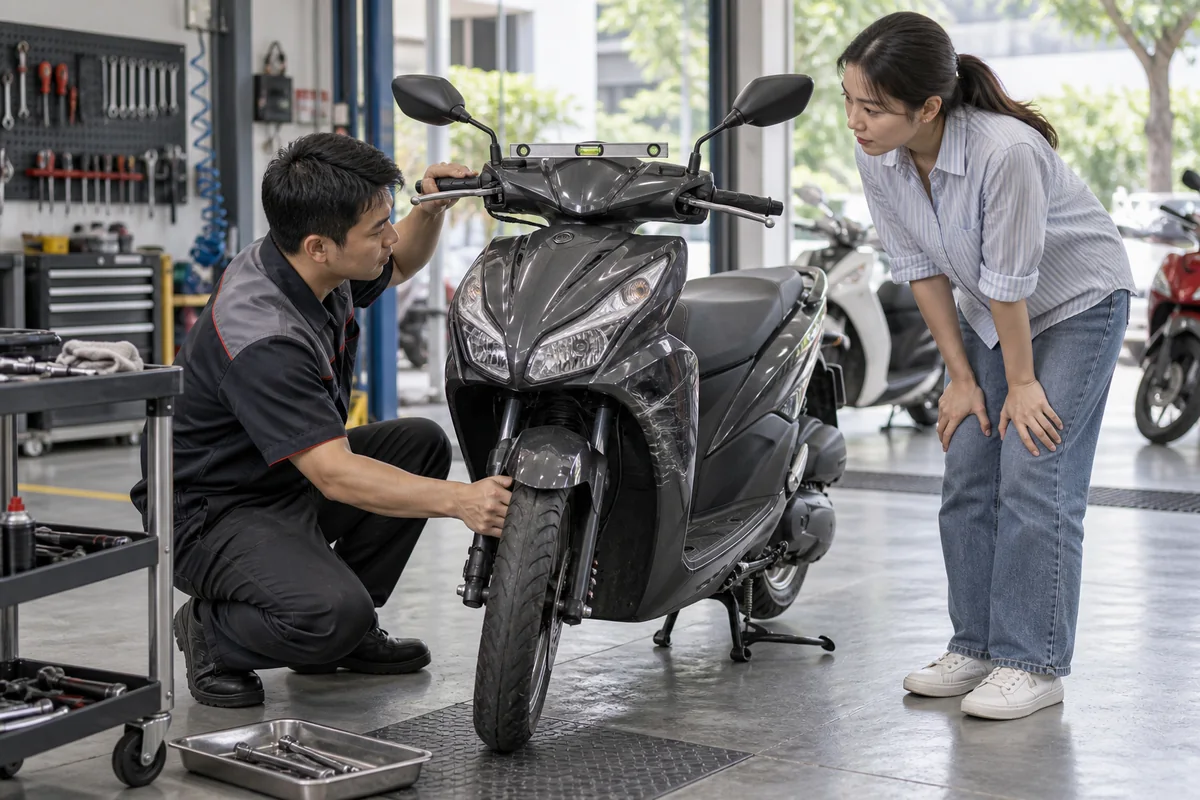 Thợ máy kiểm tra tay lái, phuộc và bánh trước sau va chạm