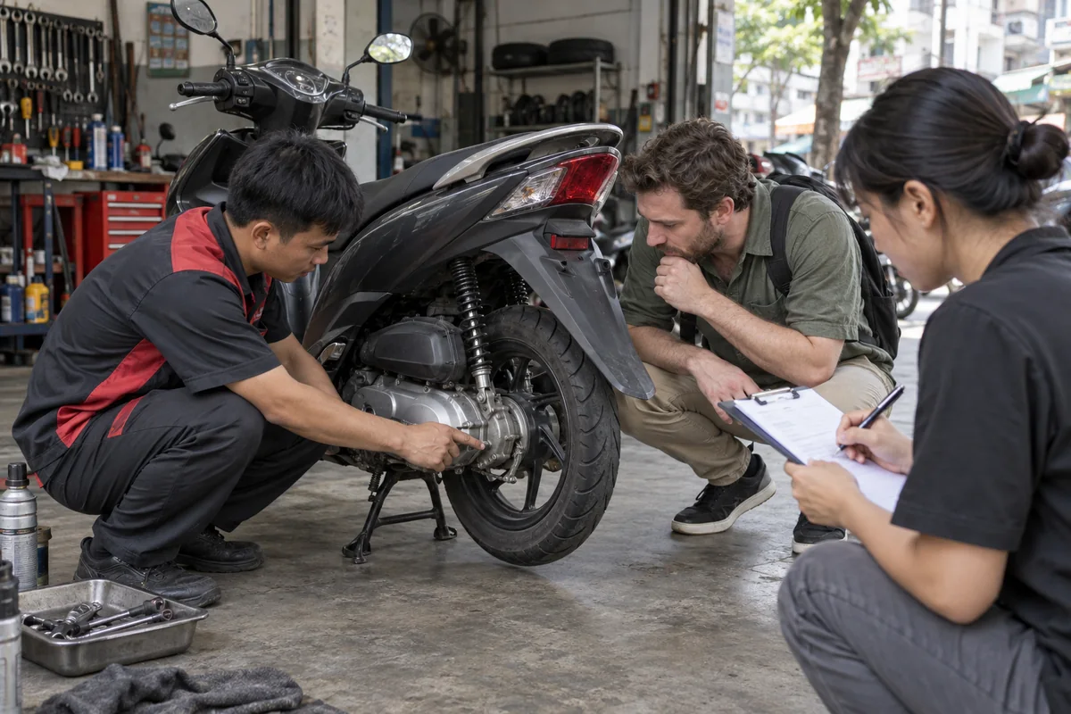A mechanic checks the rear wheel, suspension and engine area of a used scooter