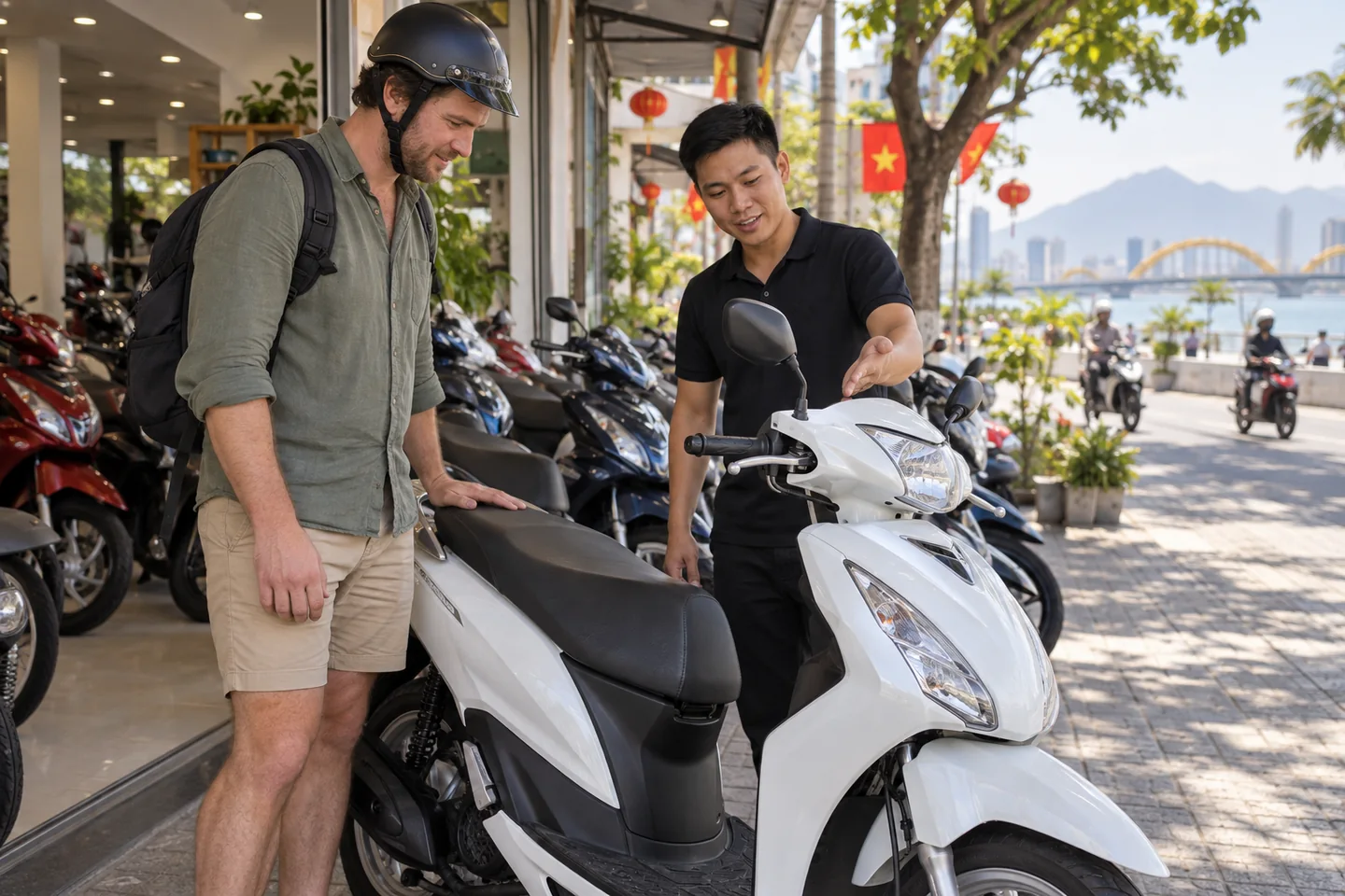 A buyer and local advisor inspect a used scooter at a dealership in Da Nang