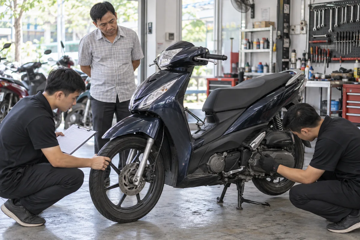 Chuyên viên đánh giá lốp, phanh và tình trạng thân xe trước khi bán