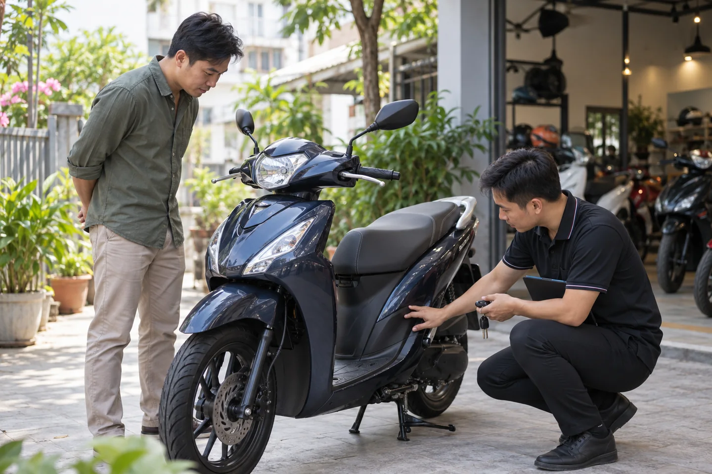 Chủ xe và chuyên viên kiểm tra xe máy cũ trước khi định giá