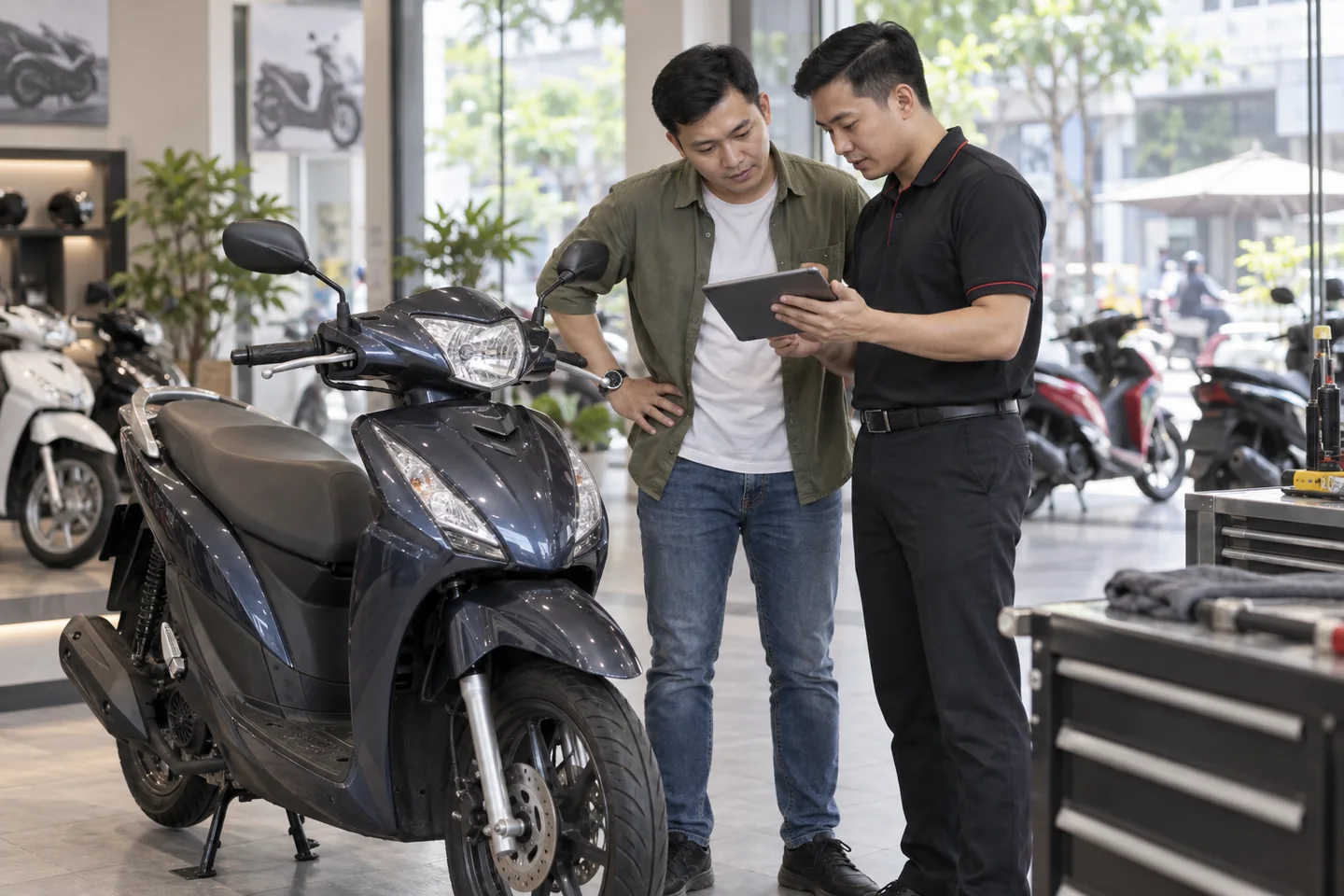 Chủ xe và chuyên viên cùng định giá một chiếc xe tay ga cũ
