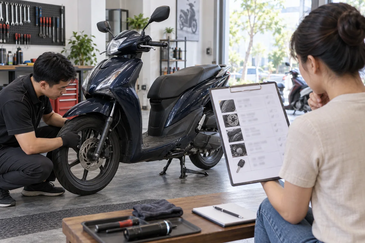 Chuyên viên kiểm tra các yếu tố ảnh hưởng đến giá xe máy cũ