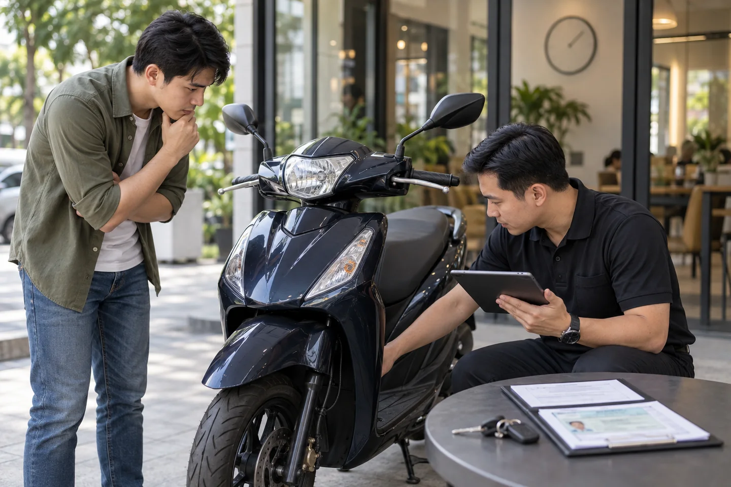 Chuyên viên kiểm tra xe tay ga cho chủ xe cần bán gấp
