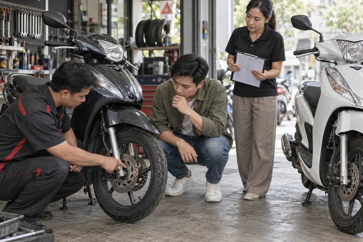 A mechanic compares the brakes, tires and fork condition of two used scooters