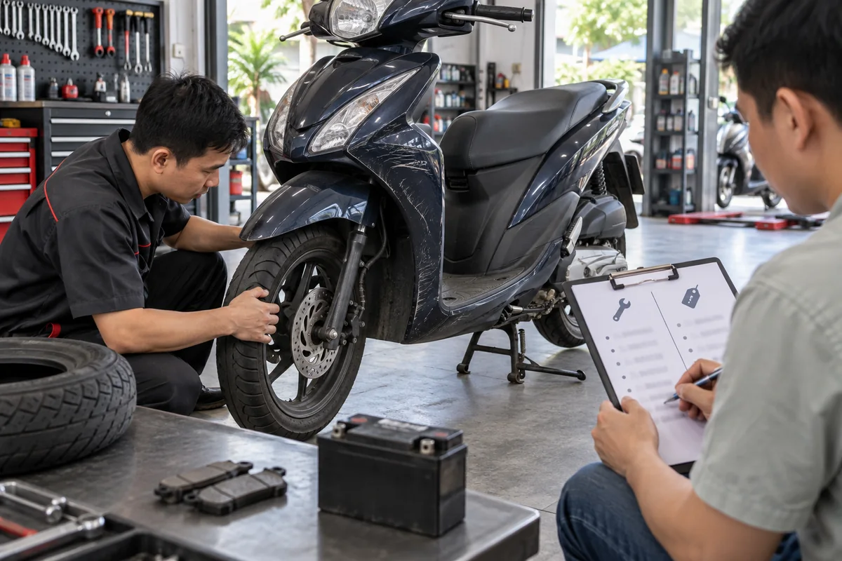 Thợ máy kiểm tra các hạng mục ảnh hưởng đến chi phí sửa xe cũ
