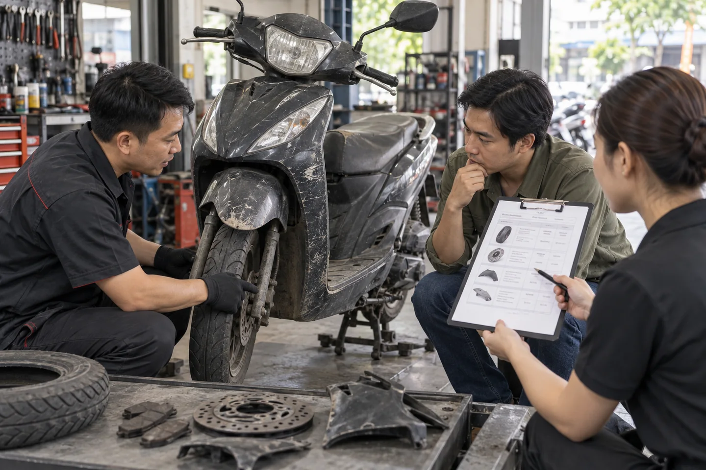 Chủ xe và thợ máy so sánh phương án sửa rồi bán với bán ngay
