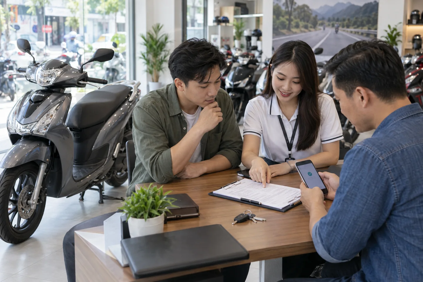 A buyer, seller and advisor complete a safe scooter payment handover