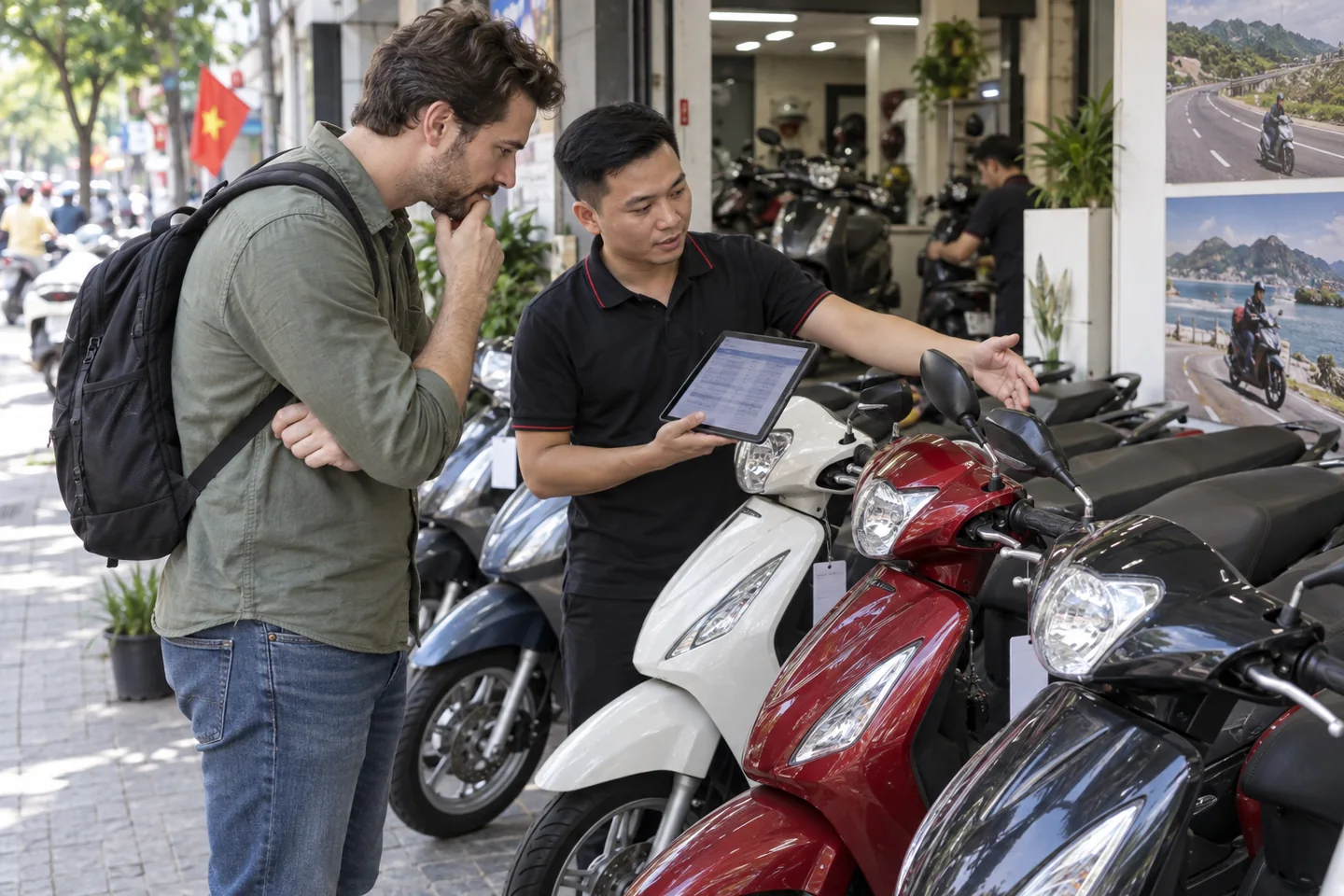 A buyer and advisor compare the value of several used scooters in Vietnam