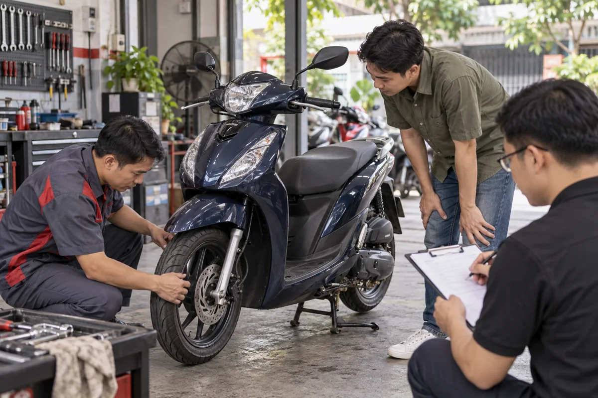 A mechanic assesses a scooter condition for an evidence-based valuation