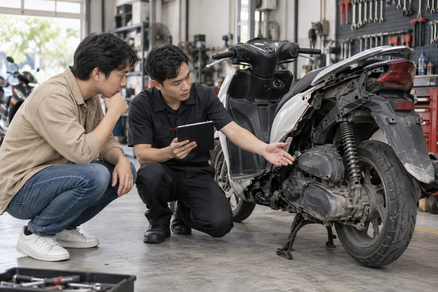 Chủ xe trao đổi với chuyên viên về chiếc xe máy hư hỏng nặng