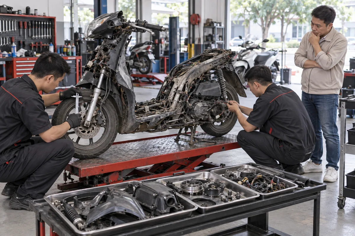 Thợ máy kiểm tra khung, động cơ và hệ thống điện của xe hư hỏng nặng