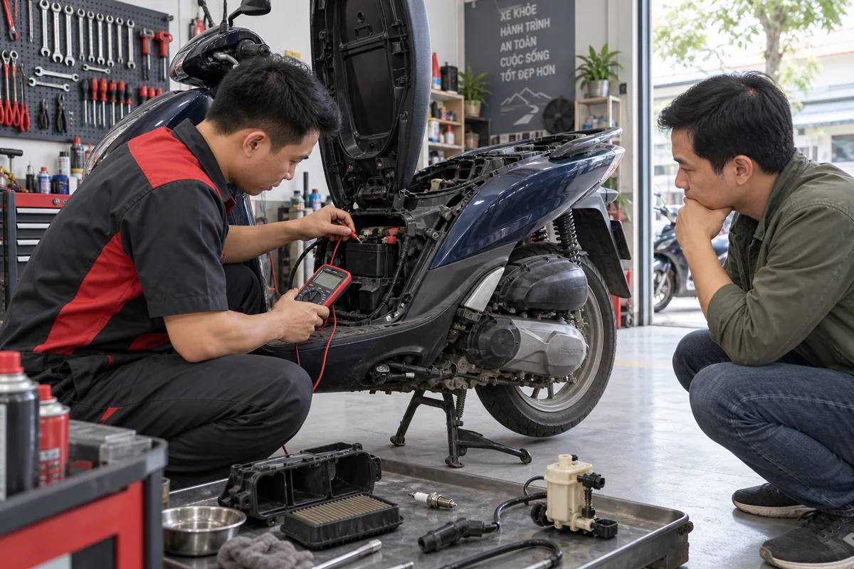Thợ máy chẩn đoán ắc quy và hệ thống đánh lửa của xe không nổ máy