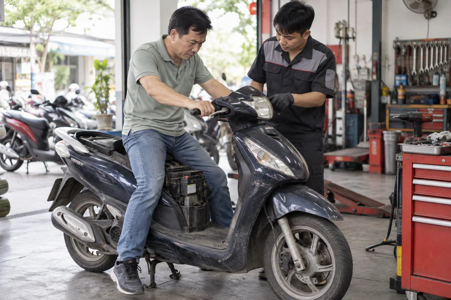 Chủ xe và kỹ thuật viên kiểm tra chiếc xe tay ga không khởi động